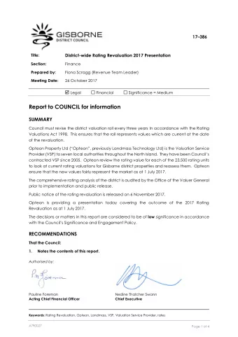 Report to COUNCIL for information  SUMMARY  Council must revise the district valuation roll every