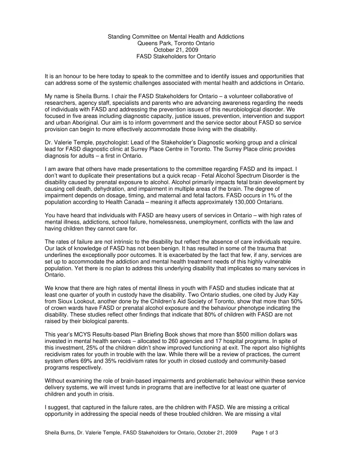 standing committee on mental health and addictions queens