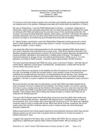 Standing Committee on Mental Health and Addictions  Queens Park, Toronto Ontario  October 21, 2009