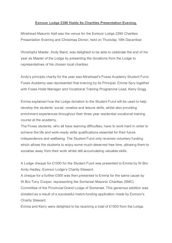 Exmoor Lodge 2390 Holds Its Charities Presentation Evening.  Minehead Masonic Hall was the venue