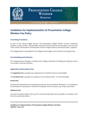 Guidelines for Implementation of Presentation College Windsor Fee Policy Fee Setting Procedures As