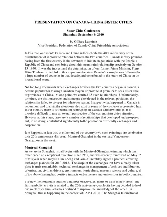 PRESENTATION ON CANADA-CHINA SISTER CITIES  Sister Cities Conference  Shanghai, September 9, 2010