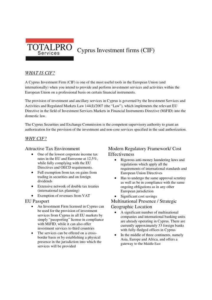 cyprus investment firms cif