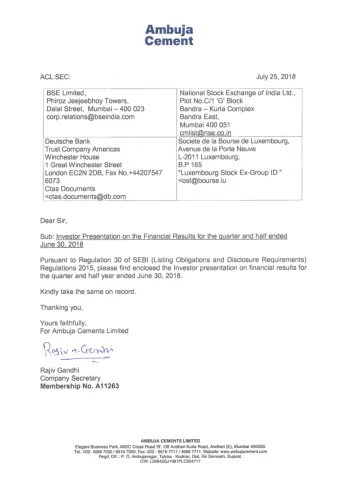 Inve  Investor Pres  stor Presen  entation  tation th July 25 th  25  July,  , 2018  2018