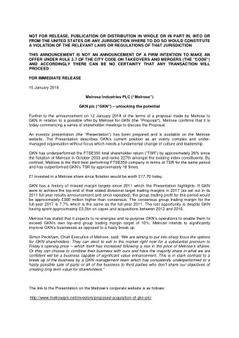 NOT FOR RELEASE, PUBLICATION OR DISTRIBUTION IN WHOLE OR IN PART IN, INTO OR  FROM THE UNITED