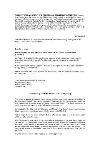 THIS LETTER IS IMPORTANT AND REQUIRES YOUR IMMEDIATE ATTENTION. If you are  in any doubt as to the