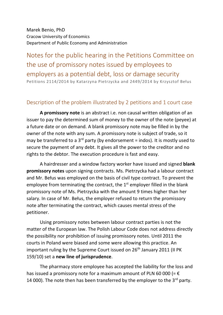 notes for the public hearing in the petitions committee