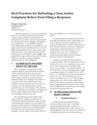 Best Practices for Defending a Class Action  Complaint Before Even Filing a Response    Michael