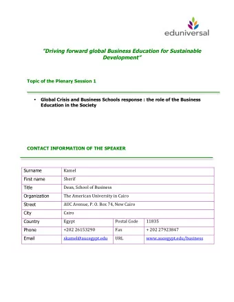 Driving forward global Business Education for Sustainable  Development Topic of the Plenary