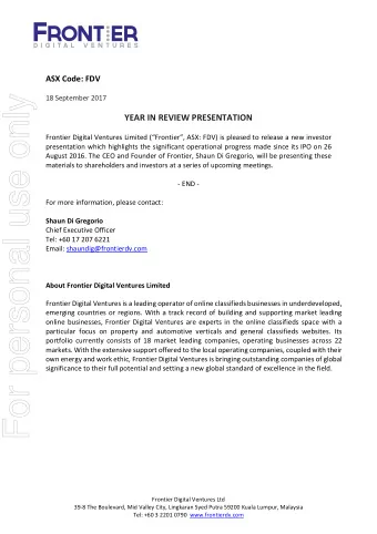 For personal use only  18 September 2017  YEAR IN REVIEW PRESENTATION Frontier Digital Ventures