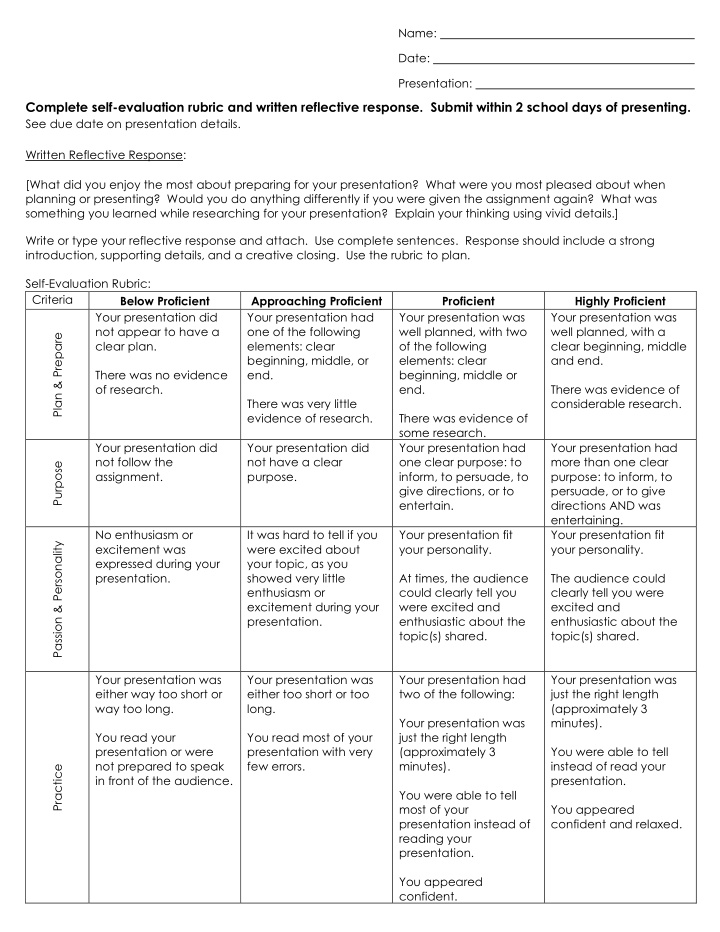 complete self evaluation rubric and written reflective