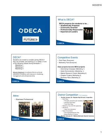 What is DECA?  DECA prepares the students to be  Academically Prepared  Community Oriented