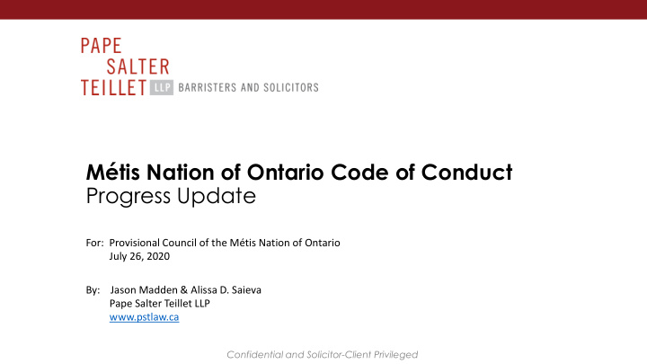 m tis nation of ontario code of conduct progress update