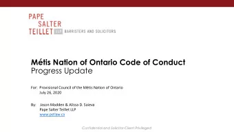 Mtis Nation of Ontario Code of Conduct  Progress Update  For:  Provisional Council of the Mtis