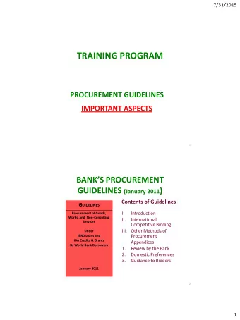 TRAINING PROGRAM  PROCUREMENT GUIDELINES  IMPORTANT ASPECTS  1  BANKS PROCUREMENT GUIDELINES