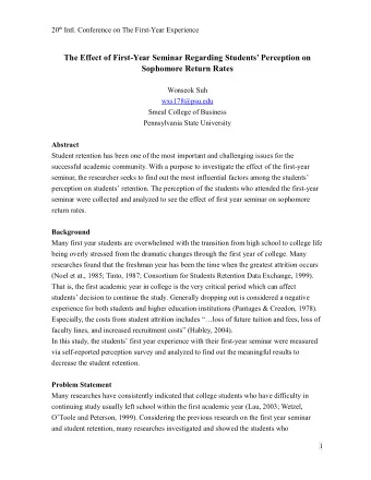 The Effect of First-Year Seminar Regarding Students Perception on  Sophomore Return Rates