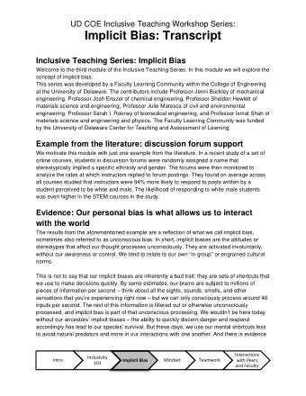 Implicit Bias: Transcript Inclusive Teaching Series: Implicit Bias  Welcome to the third module of