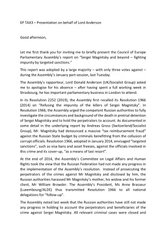 EP TAX3  Presentation on behalf of Lord Anderson  Good afternoon,  Let me first thank you for