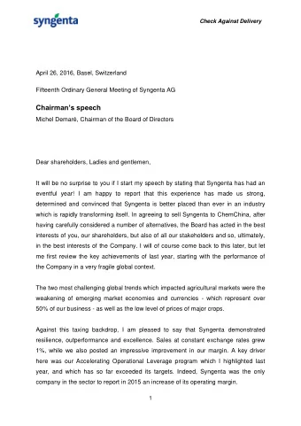 Chairmans speech  Michel Demar, Chairman of the Board of Directors  Dear shareholders, Ladies