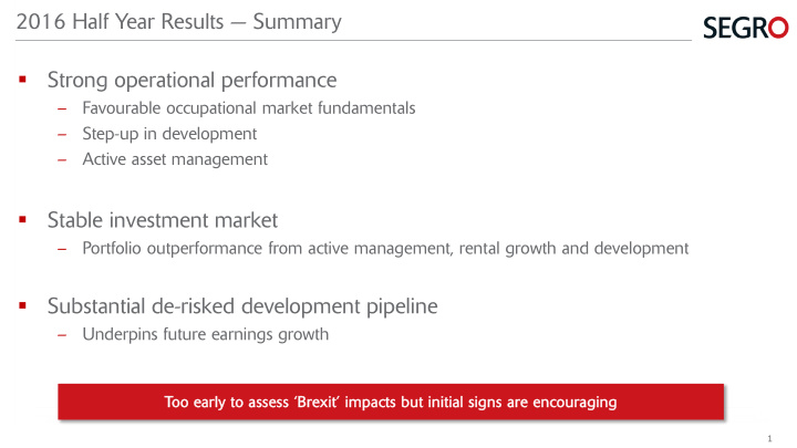 2016 half year results summary strong operational