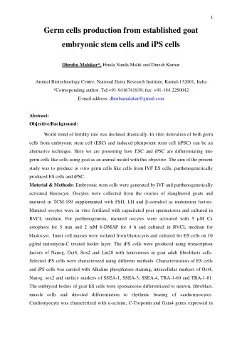 Germ cells production from established goat  embryonic stem cells and iPS cells Dhruba Malakar*,
