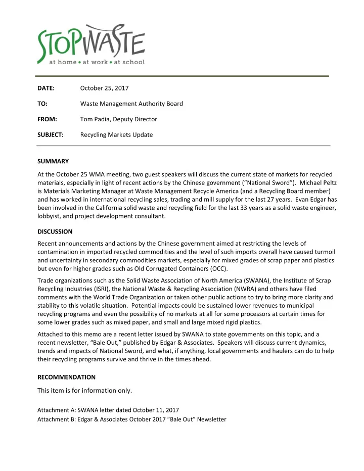 date october 25 2017 to waste management authority board