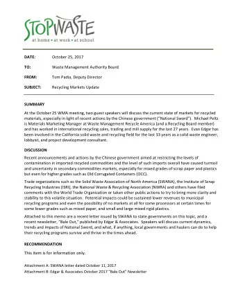 DATE:  October 25, 2017  TO: Waste Management Authority Board FROM:  Tom Padia, Deputy Director