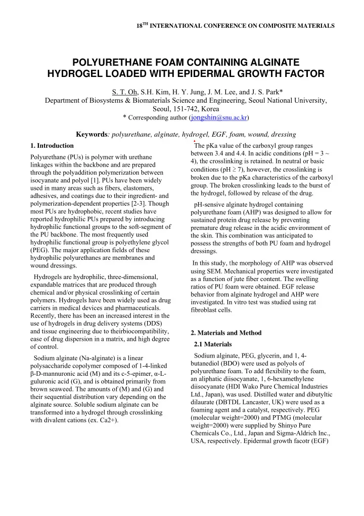 polyurethane foam containing alginate hydrogel loaded