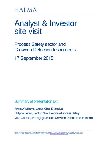 Analyst &amp; Investor  site visit  Process Safety sector and  Crowcon Detection Instruments 17