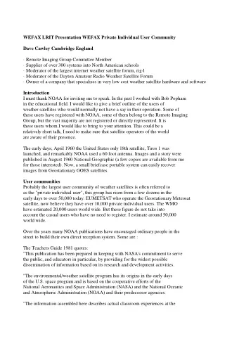 WEFAX LRIT Presentation WEFAX Private Individual User Community Dave Cawley Cambridge England