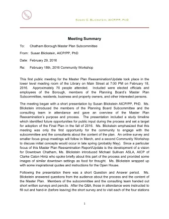 Meeting Summary  To:   Chatham Borough Master Plan Subcommittee  From:  Susan Blickstein, AICP/PP,