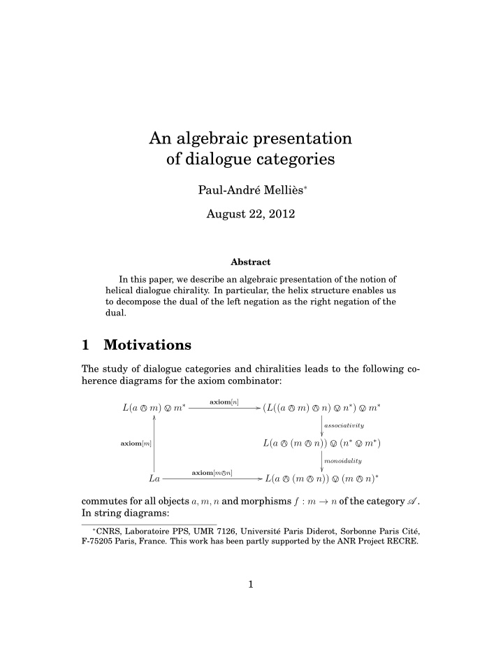 an algebraic presentation of dialogue categories