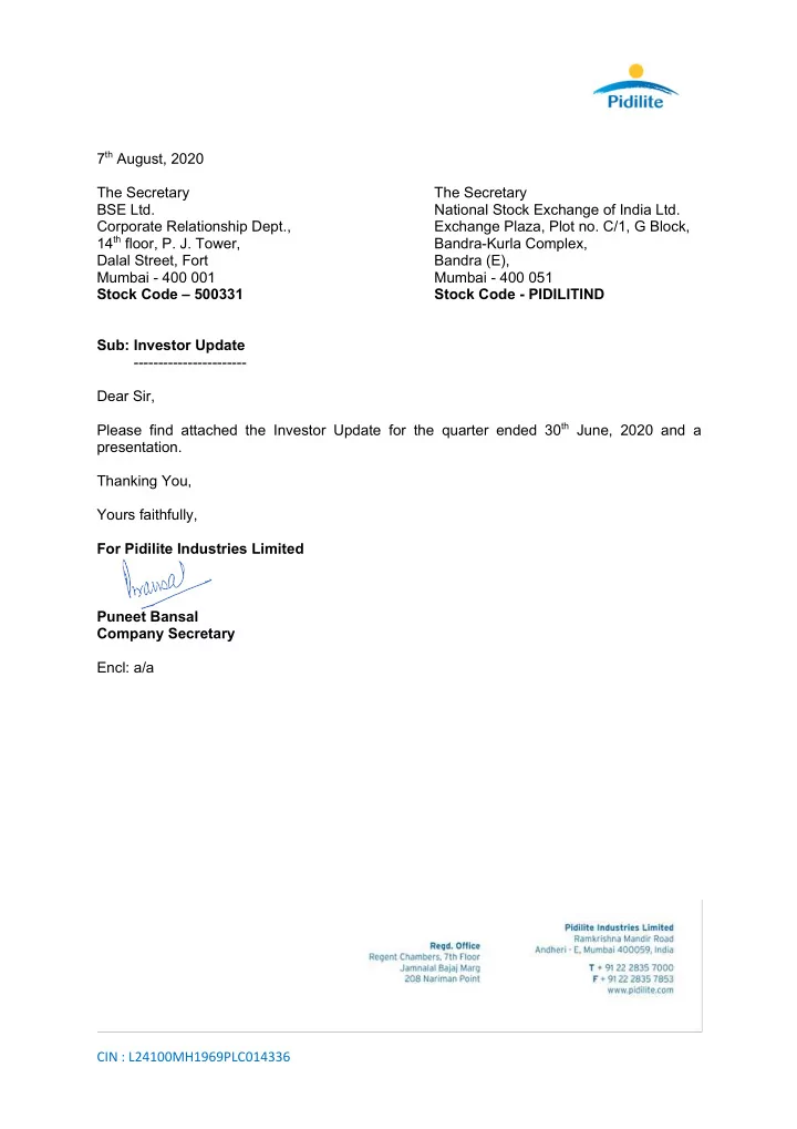 7 th august 2020 the secretary the secretary bse ltd