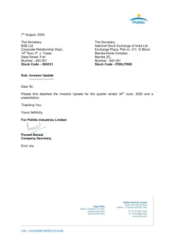 7 th August, 2020  The Secretary  The Secretary  BSE Ltd.  National Stock Exchange of India Ltd.