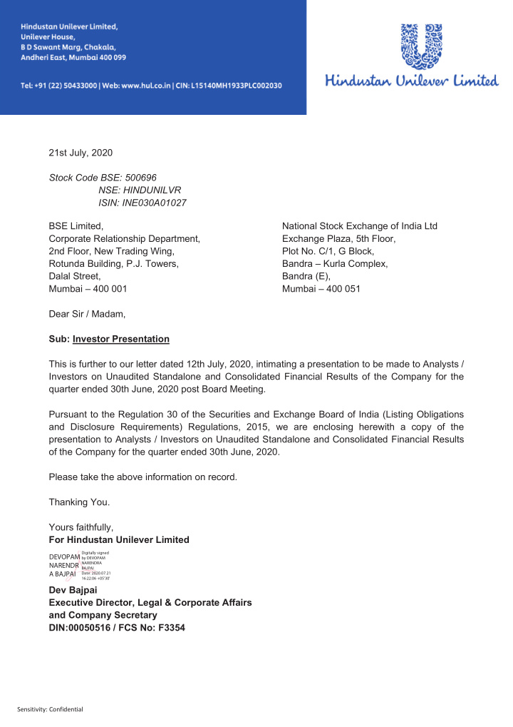 21st july 2020 stock code bse 500696 nse hindunilvr isin