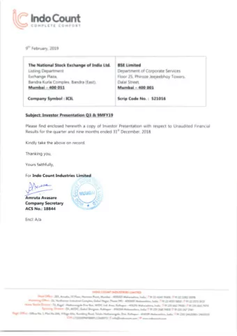 In  Investor Prese sentation  9MFY19  February 2019  Safe Harbor   This presentation and the