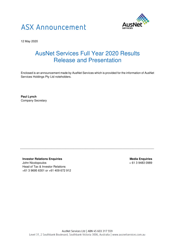 ausnet services full year 2020 results release and