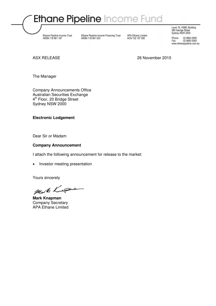 asx release 26 november 2010 the manager company