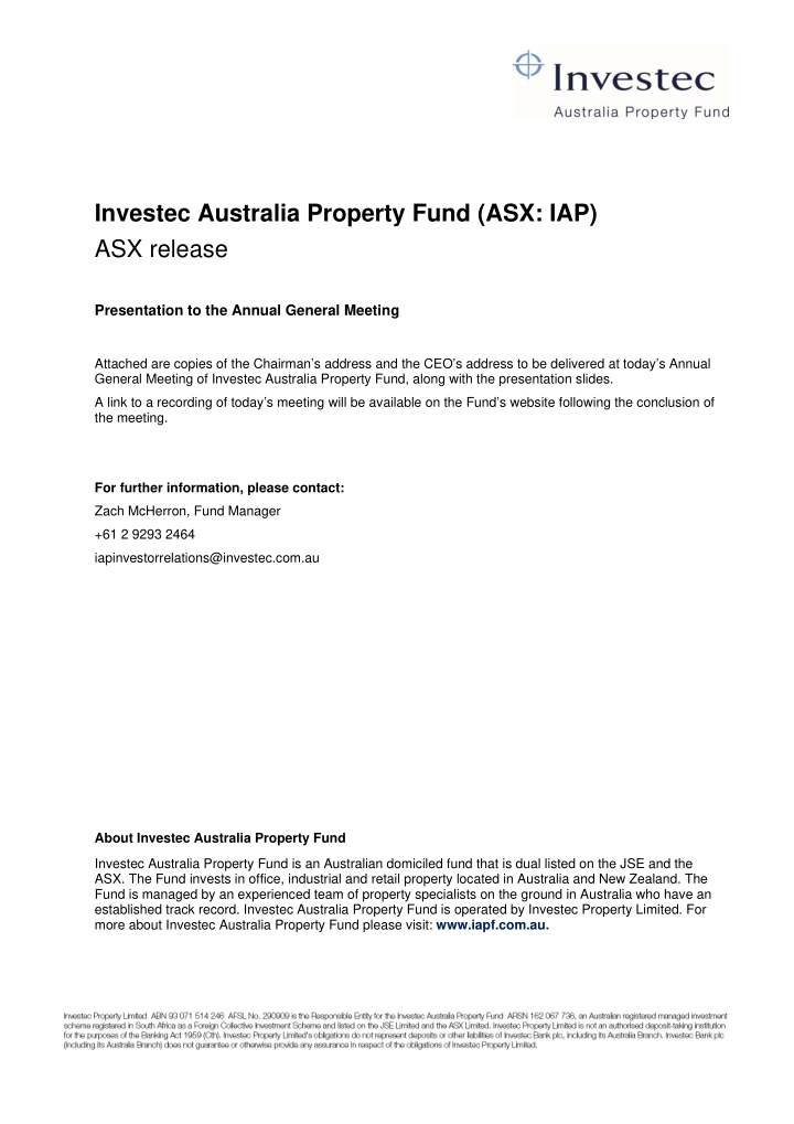 investec australia property fund asx iap asx release