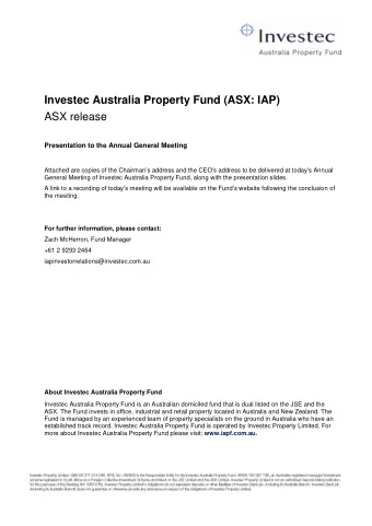 Investec Australia Property Fund (ASX: IAP)  ASX release  Presentation to the Annual General