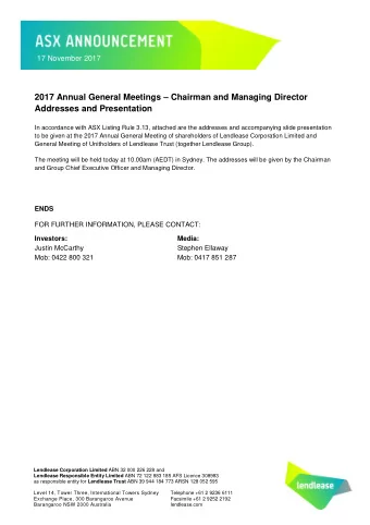 17 November 2017 2017 Annual General Meetings  Chairman and Managing Director  Addresses and