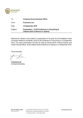 To:  Company Announcements Office  From:  Francesca Lee  Date: 10 September 2019  Subject: