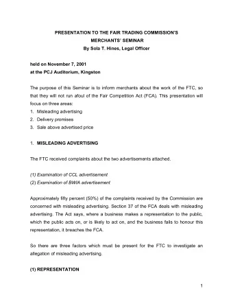 PRESENTATION TO THE FAIR TRADING COMMISSIONS  MERCHANTS SEMINAR  By Sola T. Hines, Legal