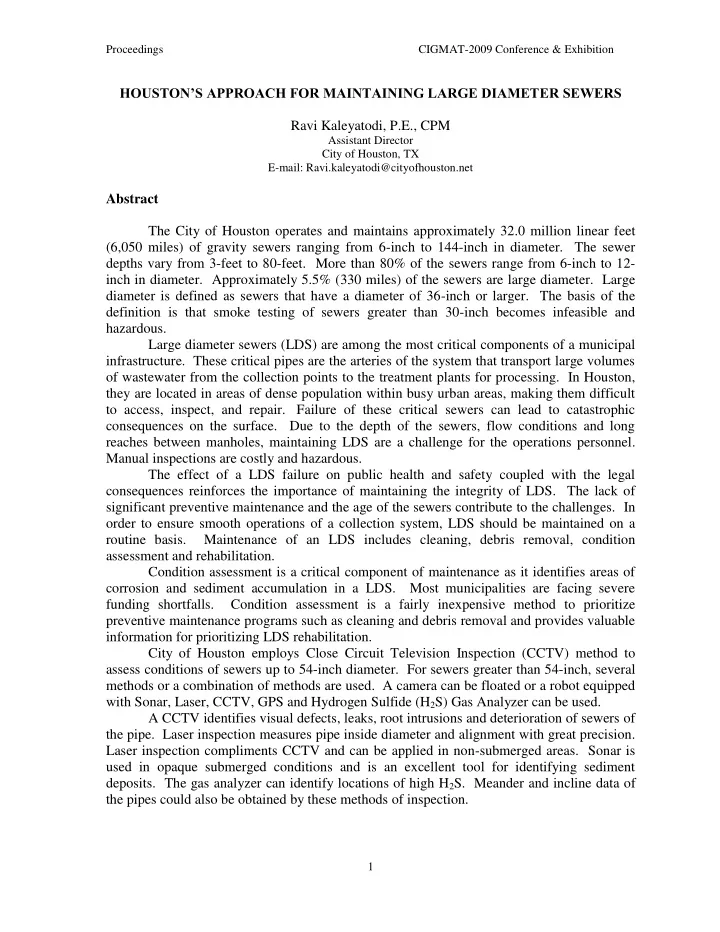 houston s approach for maintaining large diameter sewers