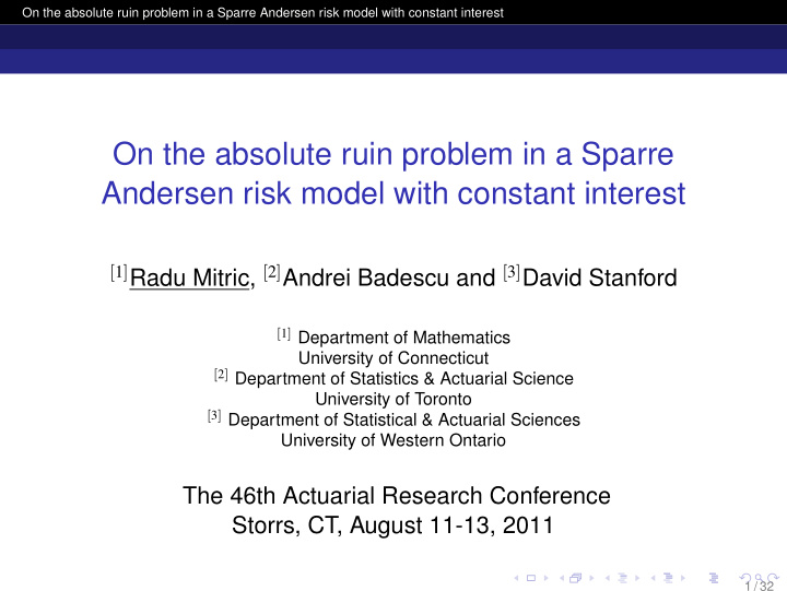 on the absolute ruin problem in a sparre andersen risk