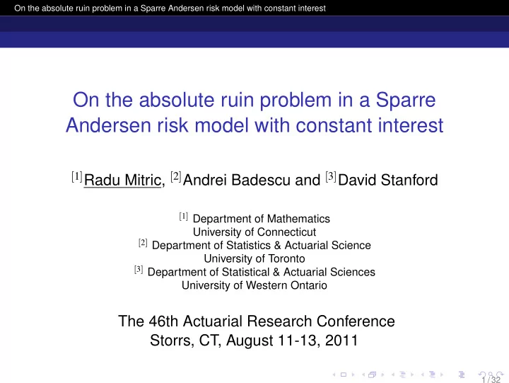 on the absolute ruin problem in a sparre andersen risk