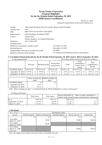 Toyota Tsusho Corporation  Financial Highlights for the Six Months Ended September 30, 2019  [IFRS