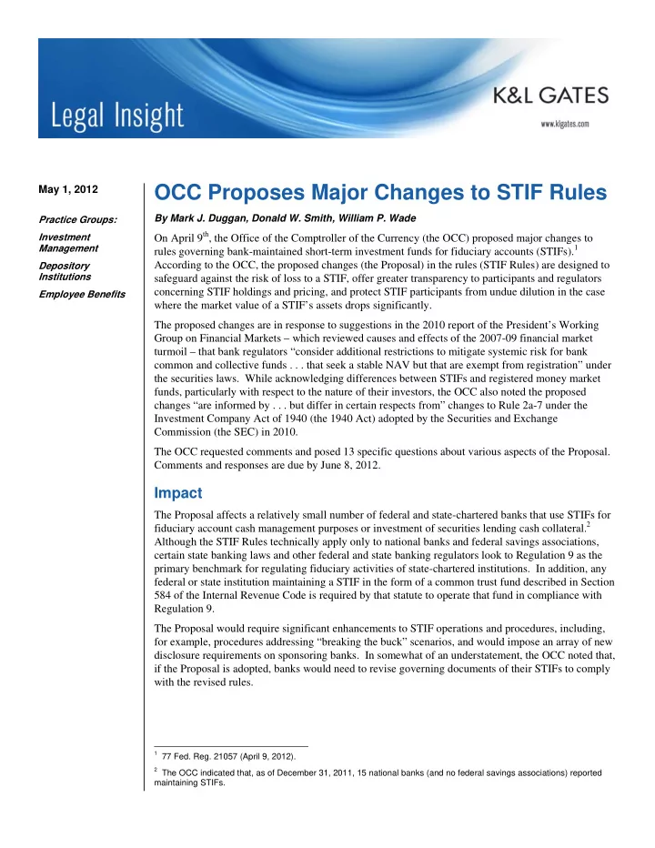 occ proposes major changes to stif rules may 1 2012 by
