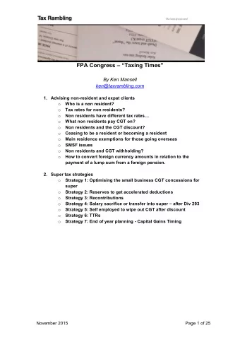 FPA Congress  Taxing Times  By Ken Mansell  ken@taxrambling.com  1. Advising non-resident