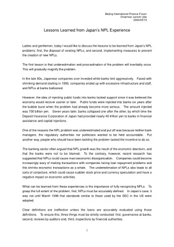 Lessons Learned from Japans NPL Experience  Ladies and gentlemen, today I would like to discuss